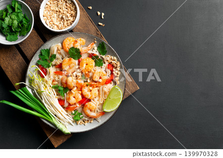 Pad Thai noodles with shrimps, prawns. Traditional thai meal. Pad Thai noodles with shrimps, prawns. Traditional thai meal. 139970328