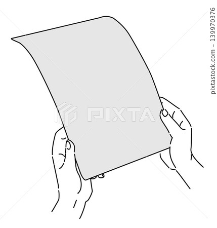 A monochrome illustration of a hand holding an A4 sheet of paper. 139970376