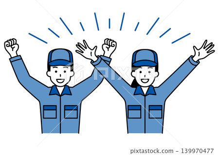 Men and women in work overalls cheering with a "Banzai!" Men and women in work overalls cheering with a "Banzai!" 139970477