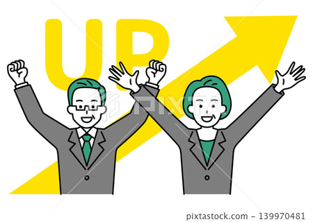 A middle-aged man and woman in suits, with an upward-pointing arrow and cheering arms raised. A middle-aged man and woman in suits, with an upward-pointing arrow and cheering arms raised. 139970481