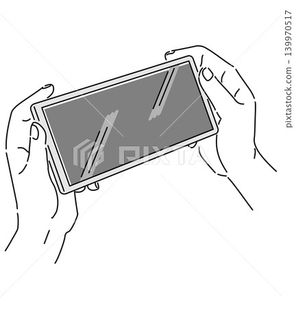 A monochrome illustration of two hands holding a smartphone horizontally. A monochrome illustration of two hands holding a smartphone horizontally. 139970517