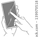 A monochrome illustration of a hand operating a smartphone. 139970518