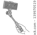 A monochrome illustration of a smartphone attached to the end of a selfie stick and held in the hand. 139970519