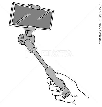 A monochrome illustration of a smartphone attached to the end of a selfie stick and held in the hand. 139970519