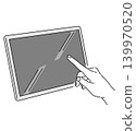 A monochrome illustration of a hand operating a tablet. 139970520