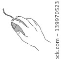 A monochrome illustration of a hand holding a computer mouse. 139970523