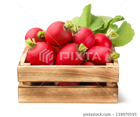 Pile of fresh radishes with leaves in a wooden crate close-up on a white background. Isolated Pile of fresh radishes with leaves in a wooden crate close-up on a white background. Isolated 139970593