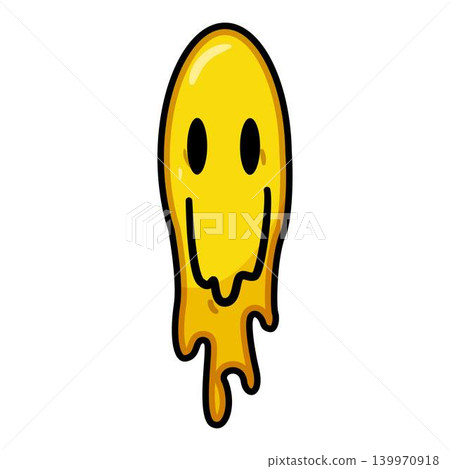 Dripping yellow smiley face illustration with distorted features 139970918
