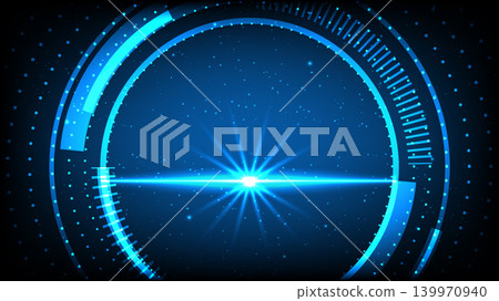 Abstract digital tech background featuring a glowing neon circular interface, stardust central lens Abstract digital tech background featuring a glowing neon circular interface, stardust central lens 139970940