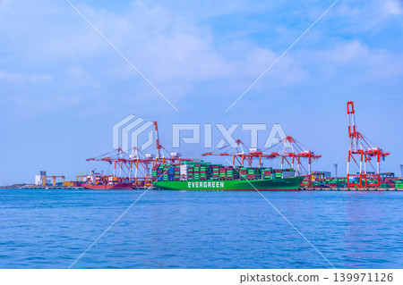 Gantry cranes and container ships at Osaka Port Gantry cranes and container ships at Osaka Port 139971126