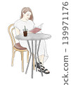 A woman reading a book in a cafe; reading; iced coffee. 139971176