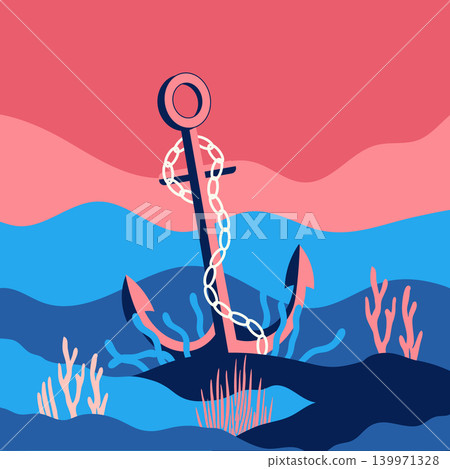 Anchor under ocean water. Anchor on the seabed with seaweed. Flat illustration. Anchor under ocean water. Anchor on the seabed with seaweed. Flat illustration. 139971328