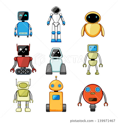 Collection of cute robotic characters illustrating future technology Collection of cute robotic characters illustrating future technology 139971467