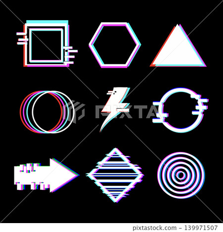 Glitch art geometric shapes set with digital distortion effect 139971507