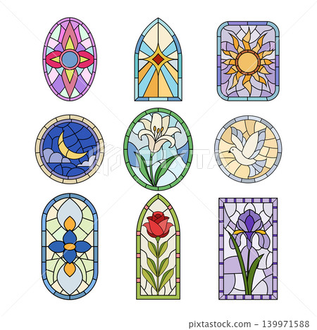 Stained glass window designs with religious and nature symbols Stained glass window designs with religious and nature symbols 139971588