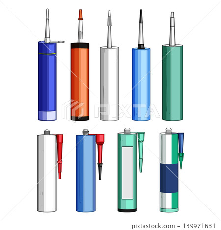 Assortment of colorful construction sealant tubes for home renovation 139971631