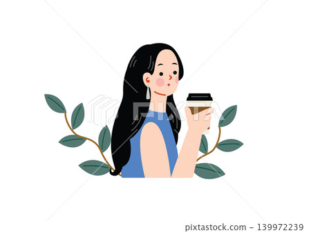 一位時尚女性正在喝咖啡的插圖。 一位時尚女性正在喝咖啡的插圖。 139972239