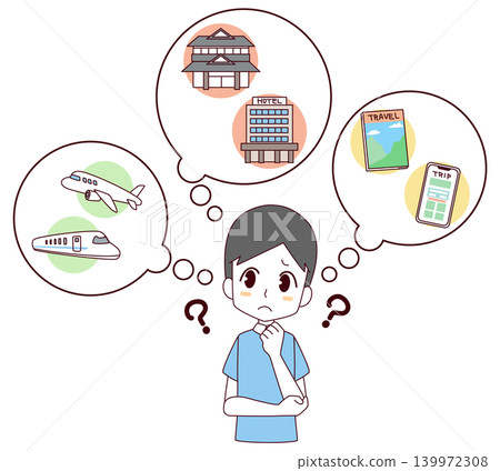 一幅描繪男子為旅行計劃而苦惱的插圖。 一幅描繪男子為旅行計劃而苦惱的插圖。 139972308