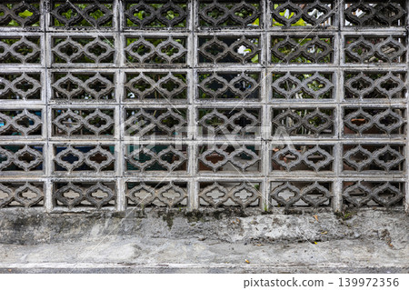 Ventilation Brick Block Wall Air Hole Pattern, A photo of ventilation brick block wall, repeating geometric holes on textured gray bricks, perfect for modern architecture or building documentary. Ventilation Brick Block Wall Air Hole Pattern, A photo of ventilation brick block wall, repeating geometric holes on textured gray bricks, perfect for modern architecture or building documentary. 139972356