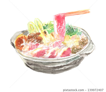 一幅水彩插畫,描繪了用筷子夾起鴨肉和鴨肉火鍋的場景。 一幅水彩插畫,描繪了用筷子夾起鴨肉和鴨肉火鍋的場景。 139972407