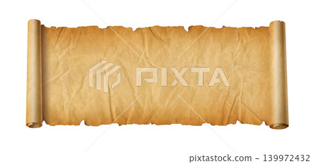 Old crumpled mediaeval Parchment paper scroll isolated on white Old crumpled mediaeval Parchment paper scroll isolated on white 139972432
