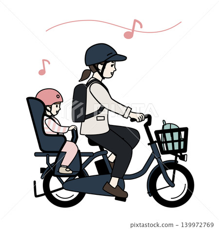 一位母親騎著電動自行車送孩子去托兒所的插圖。 一位母親騎著電動自行車送孩子去托兒所的插圖。 139972769