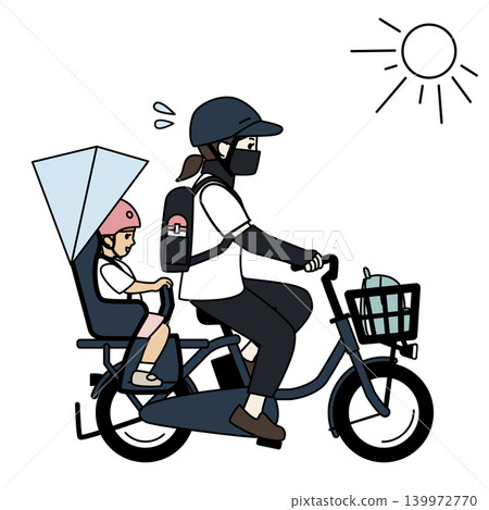 一幅插圖,描繪了一位母親在炎熱的夏日騎自行車送孩子去托兒所的情景。 一幅插圖,描繪了一位母親在炎熱的夏日騎自行車送孩子去托兒所的情景。 139972770