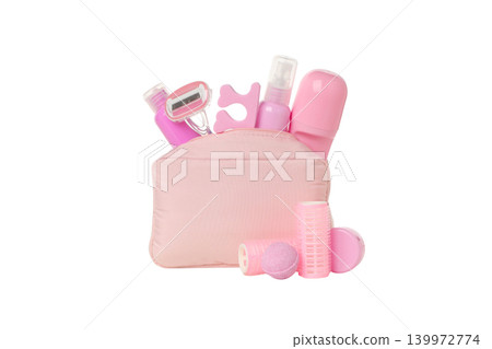 Pink toiletries and tools in a cosmetic bag, isolated, PNG 139972774