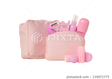 A pink toiletry bag holds skincare and hygiene items, isolated, PNG A pink toiletry bag holds skincare and hygiene items, isolated, PNG 139972775