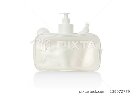 Toiletry bag holds various cosmetic items for travel, isolated, PNG 139972779