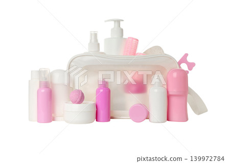 Cosmetic bag holds multiple containers for skin care, isolated, PNG Cosmetic bag holds multiple containers for skin care, isolated, PNG 139972784