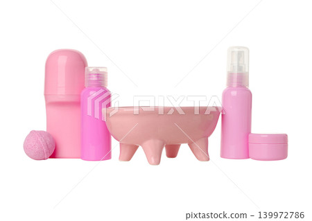 Containers hold skincare items for hygiene, isolated, PNG Containers hold skincare items for hygiene, isolated, PNG 139972786