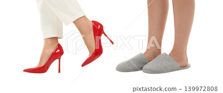 A woman shows two types of shoes, isolated, PNG A woman shows two types of shoes, isolated, PNG 139972808