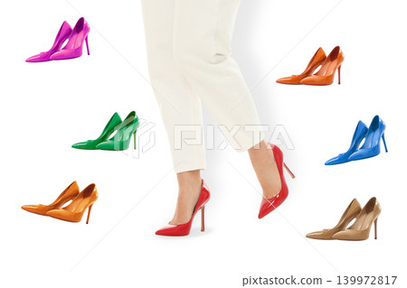 A woman shows off colorful heels while walking, isolated, PNG A woman shows off colorful heels while walking, isolated, PNG 139972817