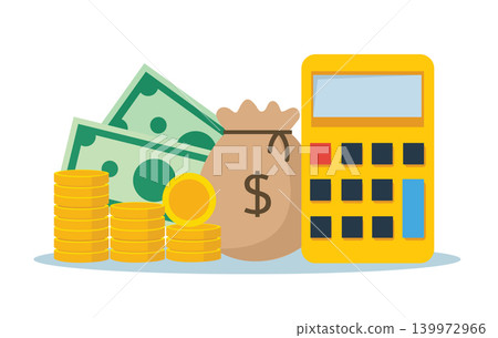 Calculator with dollar banknotes and stack of gold coins Calculator with dollar banknotes and stack of gold coins 139972966