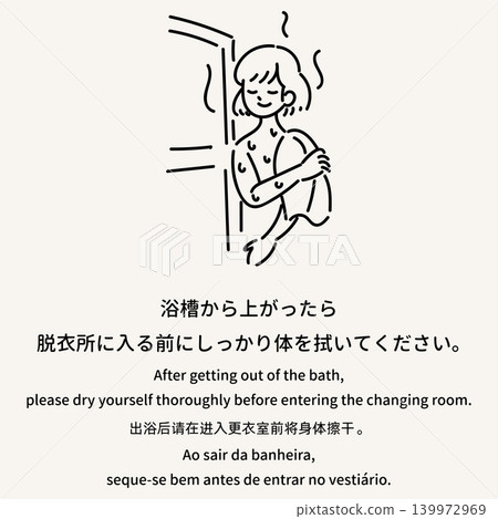 A manners poster reminding people to dry themselves after getting out of the bathtub before entering the changing room. 139972969