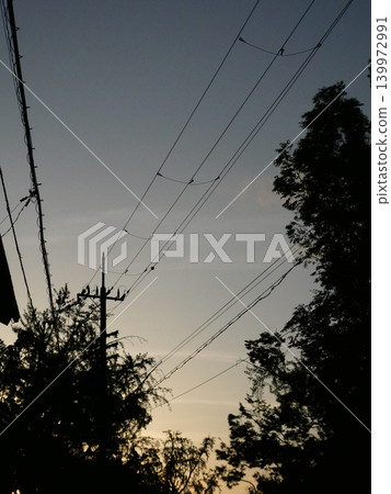 電線桿、電線和樹木的輪廓與暮色中的天空融為一體。 電線桿、電線和樹木的輪廓與暮色中的天空融為一體。 139972991