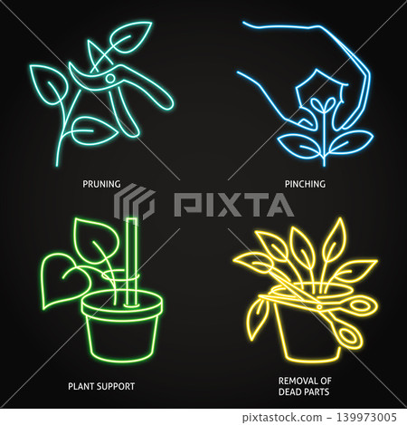 Plant pruning and pinching neon icon set Plant pruning and pinching neon icon set 139973005