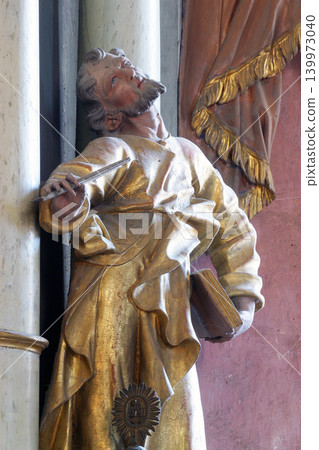 Saint Luke statue on the altar of the Parting of the Apostles at the Church of Our Lady of Jerusalem at Trski Vrh in Krapina, Croatia Saint Luke statue on the altar of the Parting of the Apostles at the Church of Our Lady of Jerusalem at Trski Vrh in Krapina, Croatia 139973040
