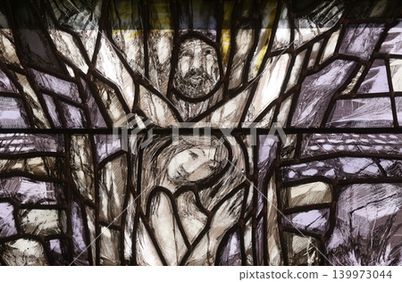 God, the Creator of all life, detail of stained glass window by Sieger Koder in church of Saint John in Piflas, Germany 139973044