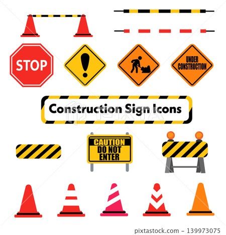 Construction sign and cone icon set 139973075