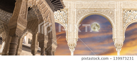 Arches in Islamic (Moorish) style (against the sunset with the super moon) in Alhambra, Granada, Spain Arches in Islamic (Moorish) style (against the sunset with the super moon) in Alhambra, Granada, Spain 139973231