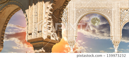 Arches in Islamic (Moorish) style (against the sunset with the super moon) in Alhambra, Granada, Spain Arches in Islamic (Moorish) style (against the sunset with the super moon) in Alhambra, Granada, Spain 139973232