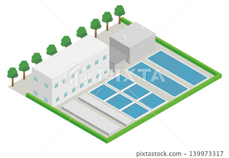 水處理廠建築的等距視圖示意圖。 139973317