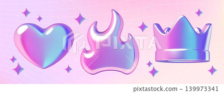 Holographic y2k heart flame crown and stars 3d stickers set on a pink and purple gradient background 139973341