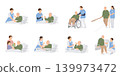 Set of illustrations of male staff providing elderly care and support. 139973472