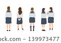 A set of illustrations showing the back view of a female student in a sailor uniform (student, commuting to school, youth, uniform illustration) 139973477