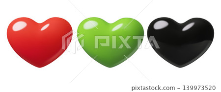 3d Heart shapes in green, black and red color smooth plastic icons isolated on white 3d Heart shapes in green, black and red color smooth plastic icons isolated on white 139973520