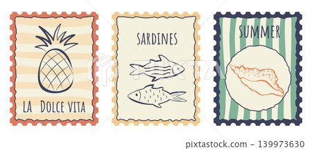 doodle summer Mediterranean postage stamps set doodle summer Mediterranean postage stamps set 139973630