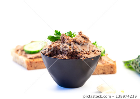 delicious homemade pate appetizer isolated on white background delicious homemade pate appetizer isolated on white background 139974239